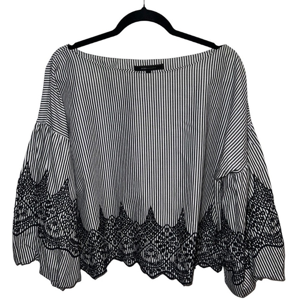 BCBGMAXAZRIA Lagenlook Blouse Striped Embroidered Eyelet Boho Black White Large